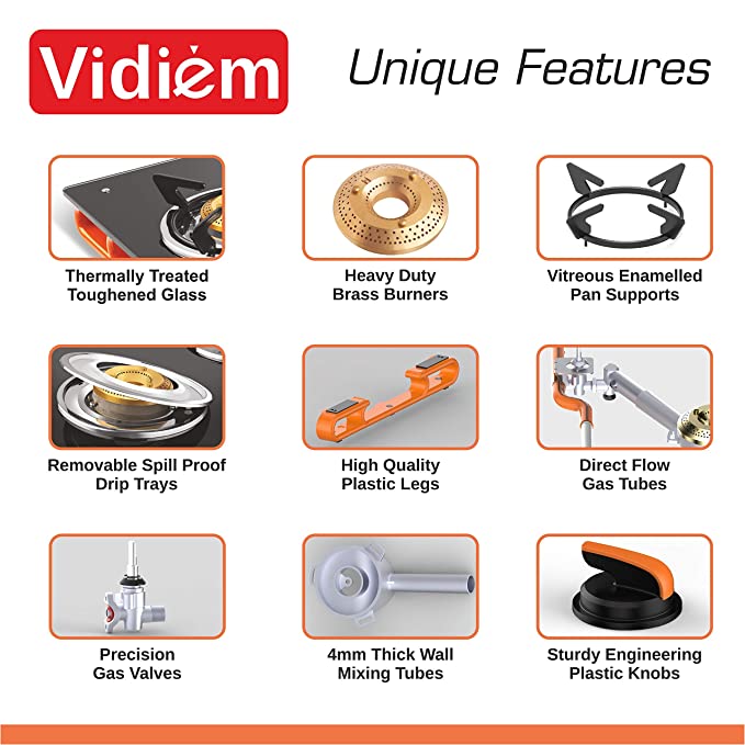 Vidiem Gas Stove G3 121 A Air Plus (Orange and Black) | 3 Burner Gas Stove Frameless | 8mm Toughened Glass Gas Stove | Manual Ignition | 2 Years Warranty Vidiem Gas Stove G3 121 A Air Plus (Orange and Black) | 3 Burner Gas Stove Frameless | 8mm Toughened Glass Gas Stove | Manual Ignition | 2 Years Warranty